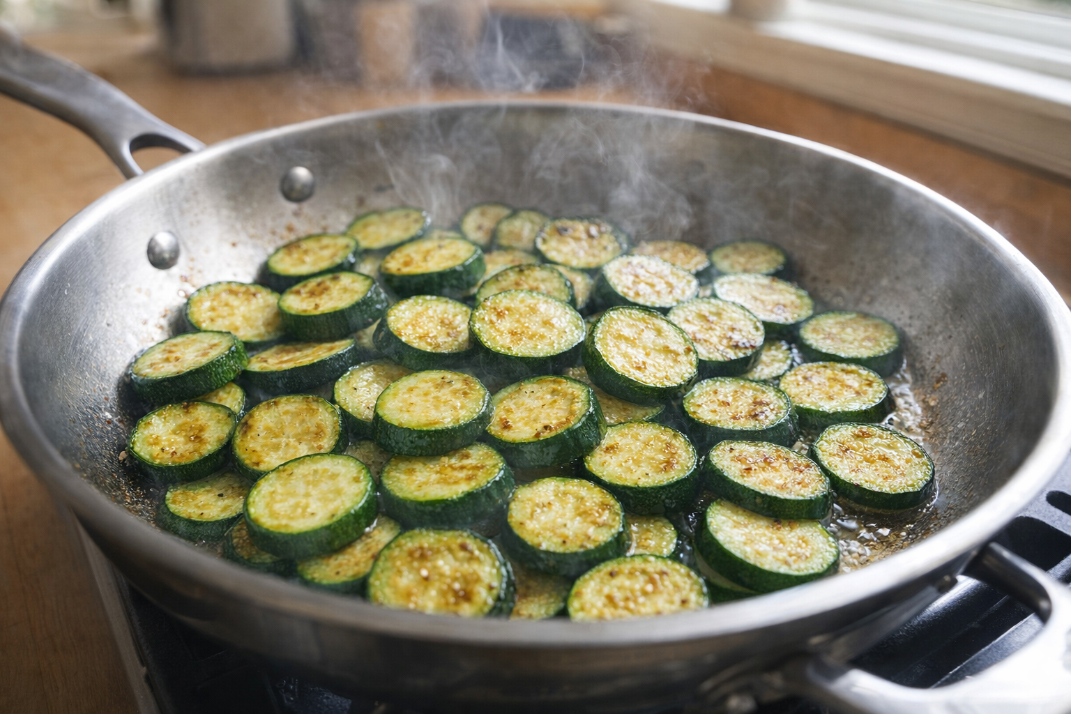 A close-up, slightly overhead shot of perfectly sautéed zucchini slices in a stainless steel skillet, lightly browned edges, vibrant green color, steam rising, bright kitchen lighting